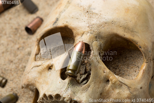 Image of skull lying in the sand, scattered rifle and pistol cartridges. concept of war