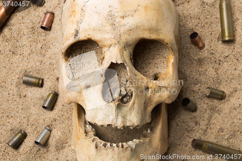 Image of skull lying in the sand, scattered rifle and pistol cartridges. concept of war