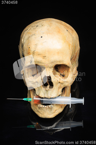 Image of Skull and syringe of yellowish liquid. concept drugs