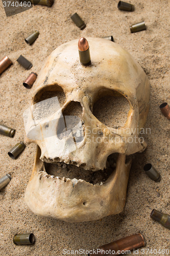 Image of skull lying in the sand, scattered rifle and pistol cartridges. concept of war