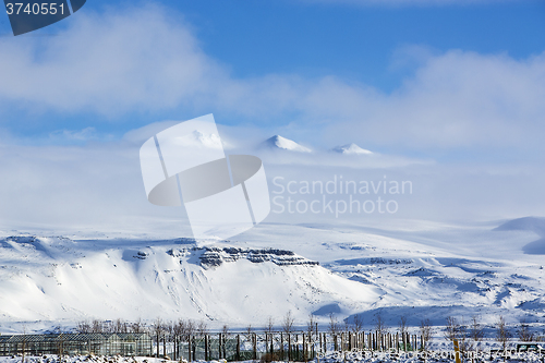 Image of Snowy mountain landscape, Iceland