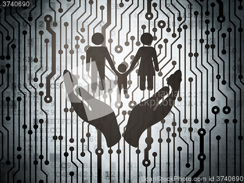 Image of Insurance concept: circuit board with Family And Palm