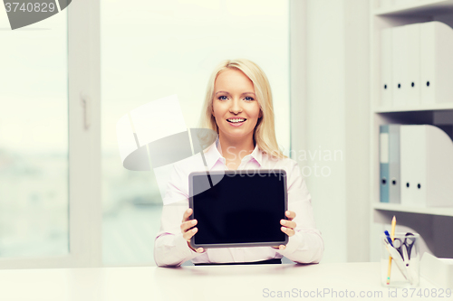 Image of smiling businesswoman or student with tablet pc