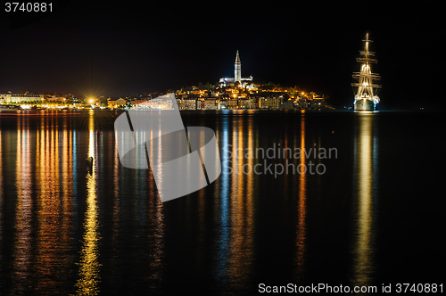 Image of Rovinj sea side town at night, Croatia