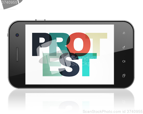 Image of Politics concept: Smartphone with Protest on  display