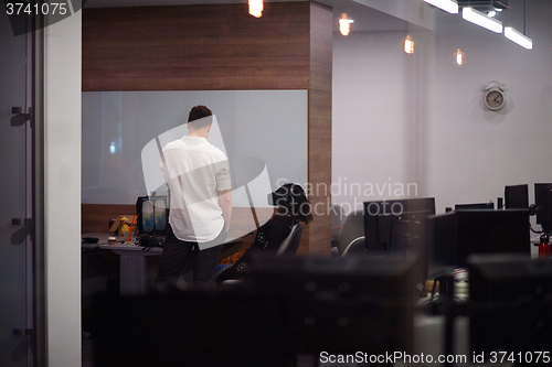 Image of man using virtual reality gadget computer glasses