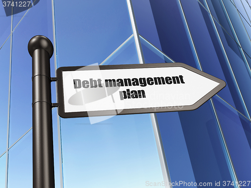 Image of Finance concept: sign Debt Management Plan on Building background