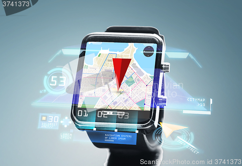 Image of close up of smartwatch with navigator map