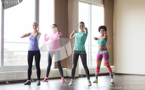 Image of group of happy women working out in gym