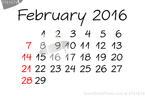 Image of February Year 2016 Calendar Handwritten