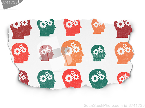 Image of Marketing concept: Head With Gears icons on Torn Paper background