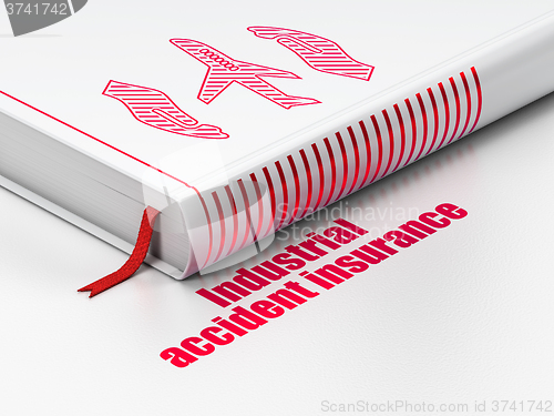 Image of Insurance concept: book Airplane And Palm, Industrial Accident Insurance on white background