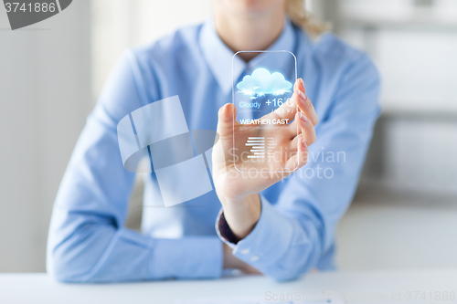 Image of close up of woman with weather app on smartphone