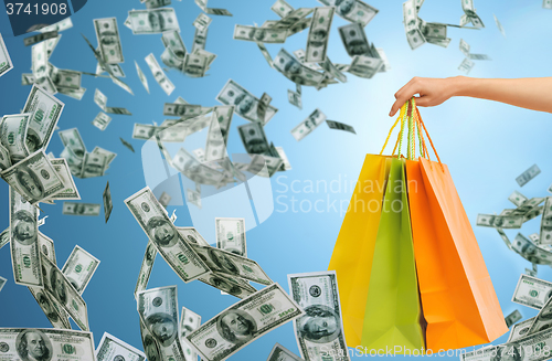 Image of close up of female hand holding shopping bags