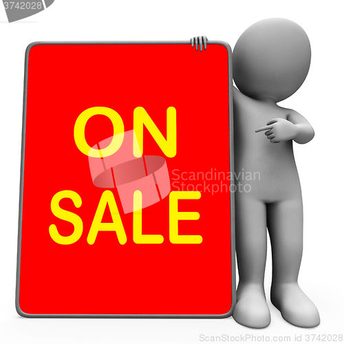 Image of On Sale Tablet Character Shows Reduction Savings Or Discounts