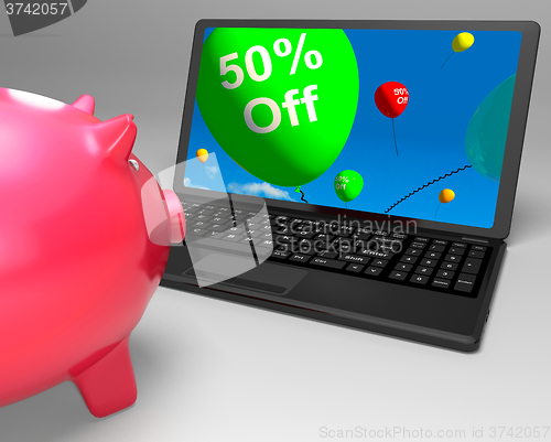 Image of Fifty Percent Off On Laptop Showing Cheap Products