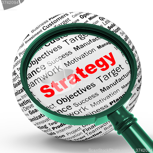 Image of Strategy Magnifier Definition Shows Successful Planning Or Manag