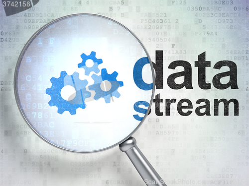 Image of Data concept: Gears and Data Stream with optical glass