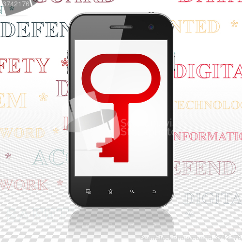 Image of Safety concept: Smartphone with Key on display