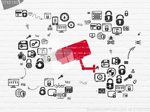 Image of Security concept: Cctv Camera on wall background
