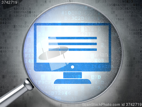 Image of Web development concept: Monitor with optical glass on digital background