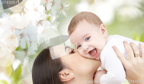 Image of happy mother kissing her baby over cherry blossom