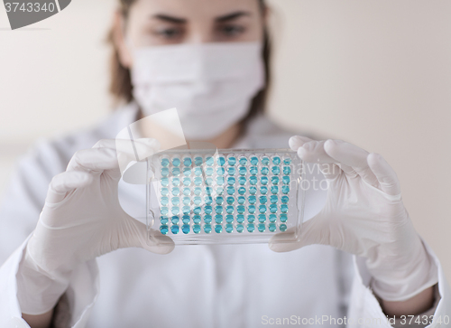 Image of close up of scientist making test in lab