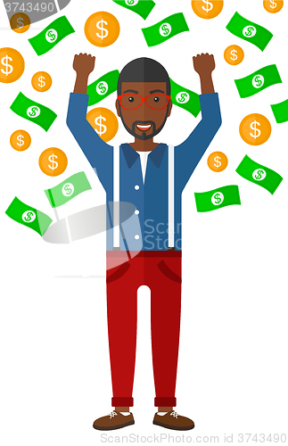 Image of Happy man with  flying money. 