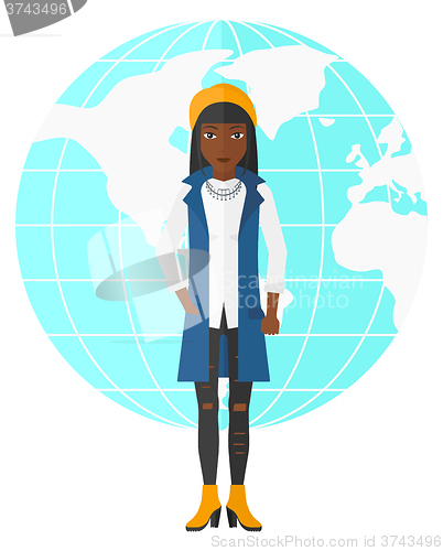 Image of Business woman standing on globe background.