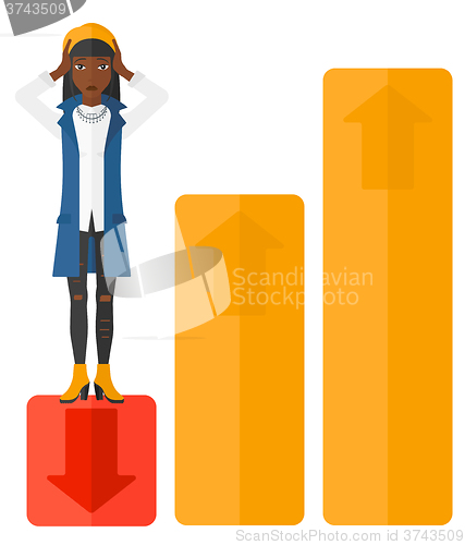 Image of Business woman standing on low graph.