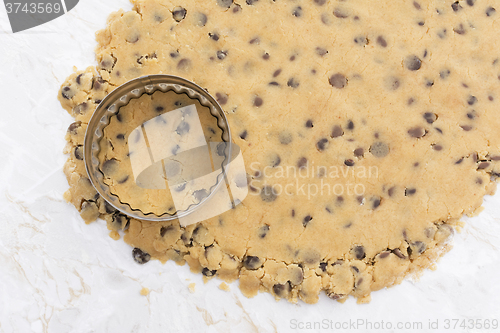 Image of Cookie cutter on rolled out chocolate chip cookie dough