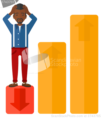 Image of Businessman standing on low graph.