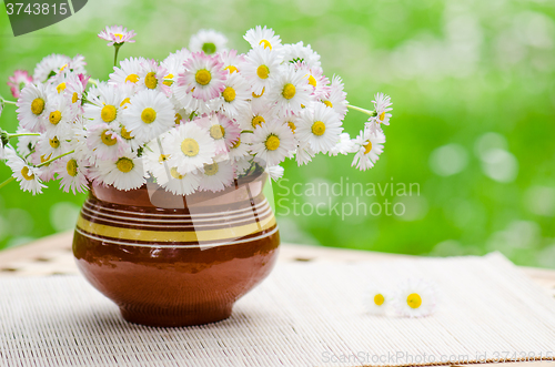 Image of A bouquet of daisies in a pot at the table