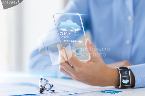 Image of close up of woman with weather app on smartphone