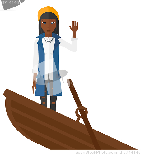 Image of Business woman standing in sinking boat.