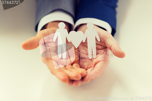 Image of close up of happy male gay couple with love symbol