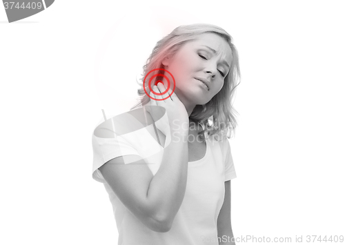 Image of unhappy woman suffering from neck pain