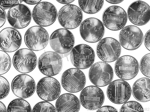 Image of Black and white Dollar coins 1 cent wheat penny