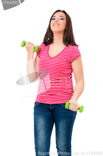 Image of Happy girl with dumbbells