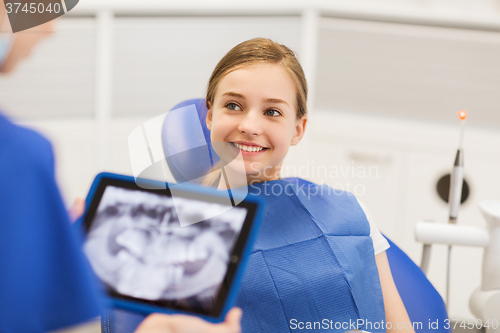 Image of dentist with x-ray on tablet pc and girl patient