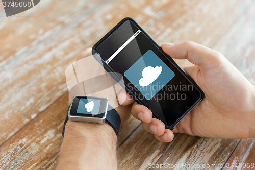 Image of close up of hands with smart phone and watch