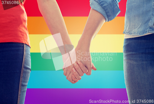 Image of close up of lesbian couple holding hands