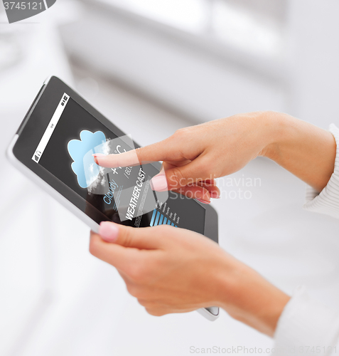 Image of close up of hands with weather cast on tablet pc