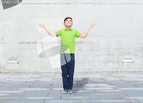 Image of happy boy in polo t-shirt raising hands up