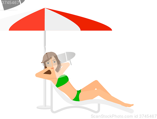 Image of Woman sitting in chaise longue.