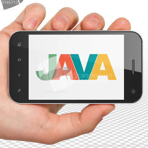 Image of Database concept: Hand Holding Smartphone with Java on  display