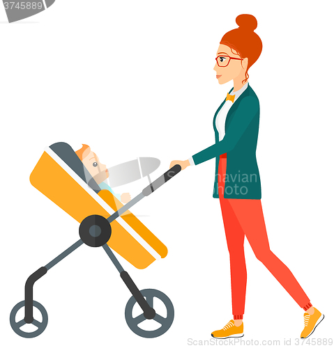 Image of Woman pushing pram.