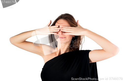 Image of Pretty woman in See No Evil gesture