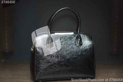 Image of black bag on a shelf in a store. 