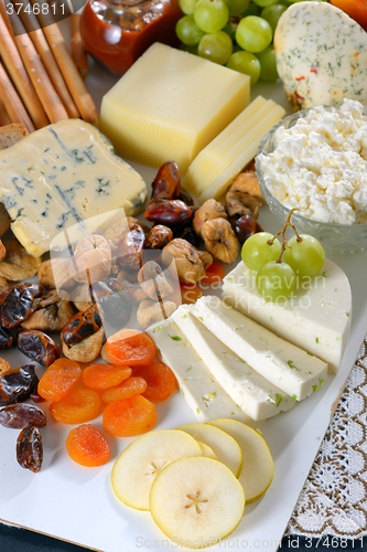 Image of healthy cheese and fruits plate